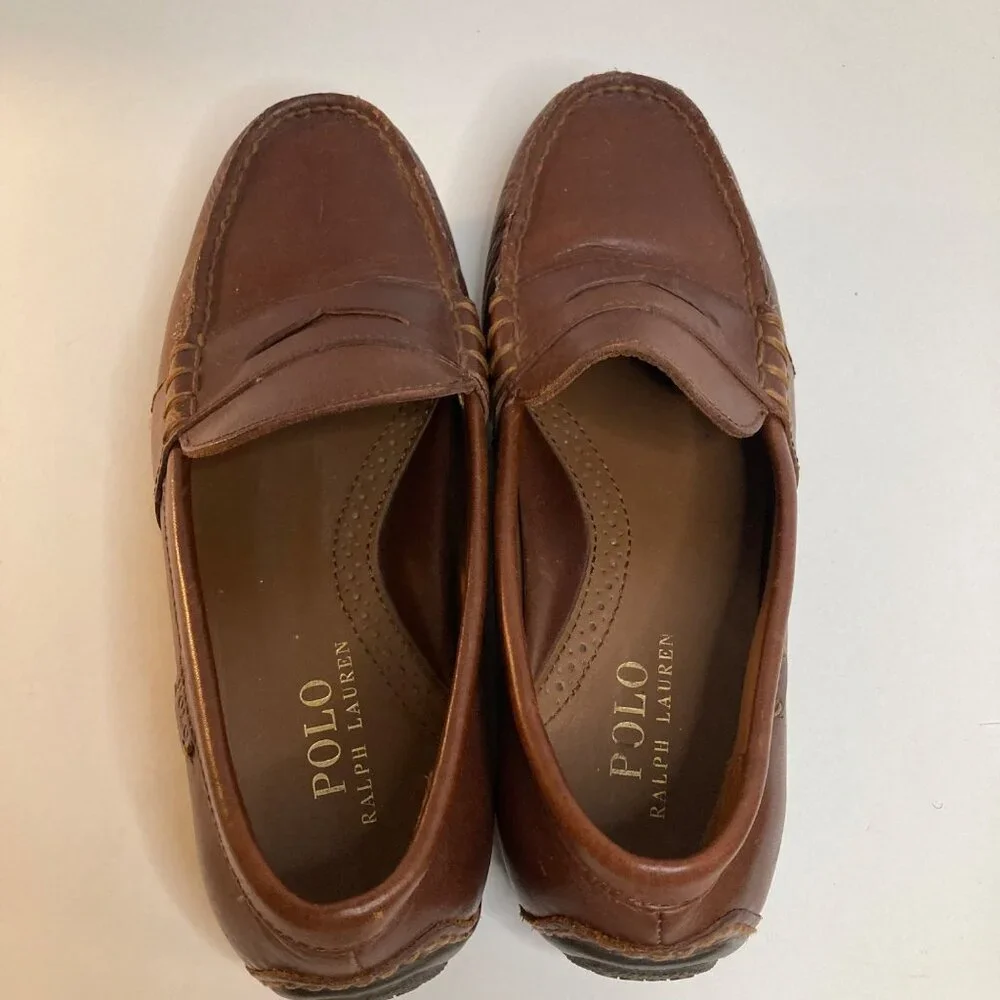 Mens Polo Ralph Lauren‎ Leather Reynold Penny Loafer Driving Shoe Brown 7.5D
